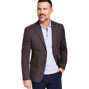 tommy hilfiger men's modern fit burgundy brown check blazer